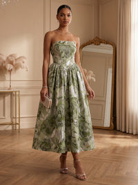 Floral Print A-Line/Princess Strapless Tea-Length Cocktail Dresses with Corset & Ruched Waist