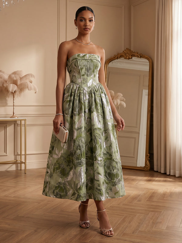 Floral Print A-Line/Princess Strapless Tea-Length Cocktail Dresses with Corset & Ruched Waist