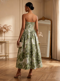 Floral Print A-Line/Princess Strapless Tea-Length Cocktail Dresses with Corset & Ruched Waist