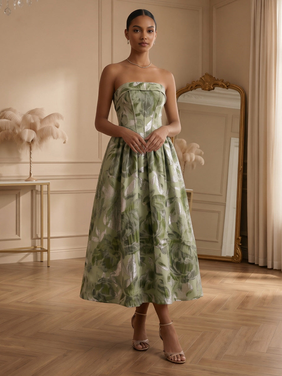 Floral Print A-Line/Princess Strapless Tea-Length Cocktail Dresses with Corset & Ruched Waist