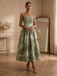 Floral Print A-Line/Princess Strapless Tea-Length Cocktail Dresses with Corset & Ruched Waist