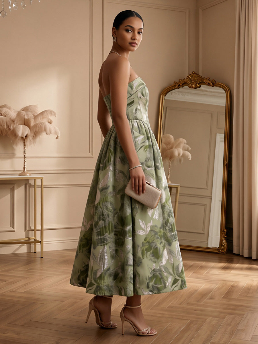 Floral Print A-Line/Princess Strapless Tea-Length Cocktail Dresses with Corset & Ruched Waist