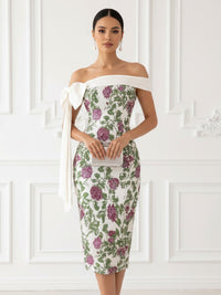Floral Print Sheath/Column Off Shoulder Midi-Length Cocktail Dresses with Bow