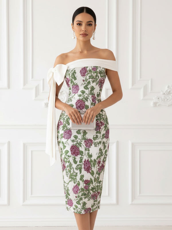 Floral Print Sheath/Column Off Shoulder Midi-Length Cocktail Dresses with Bow