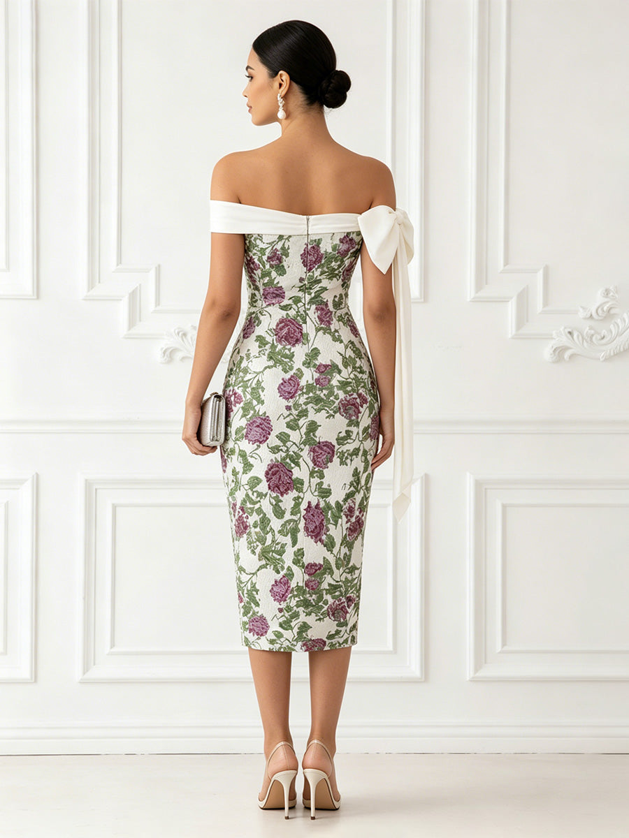 Floral Print Sheath/Column Off Shoulder Midi-Length Cocktail Dresses with Bow
