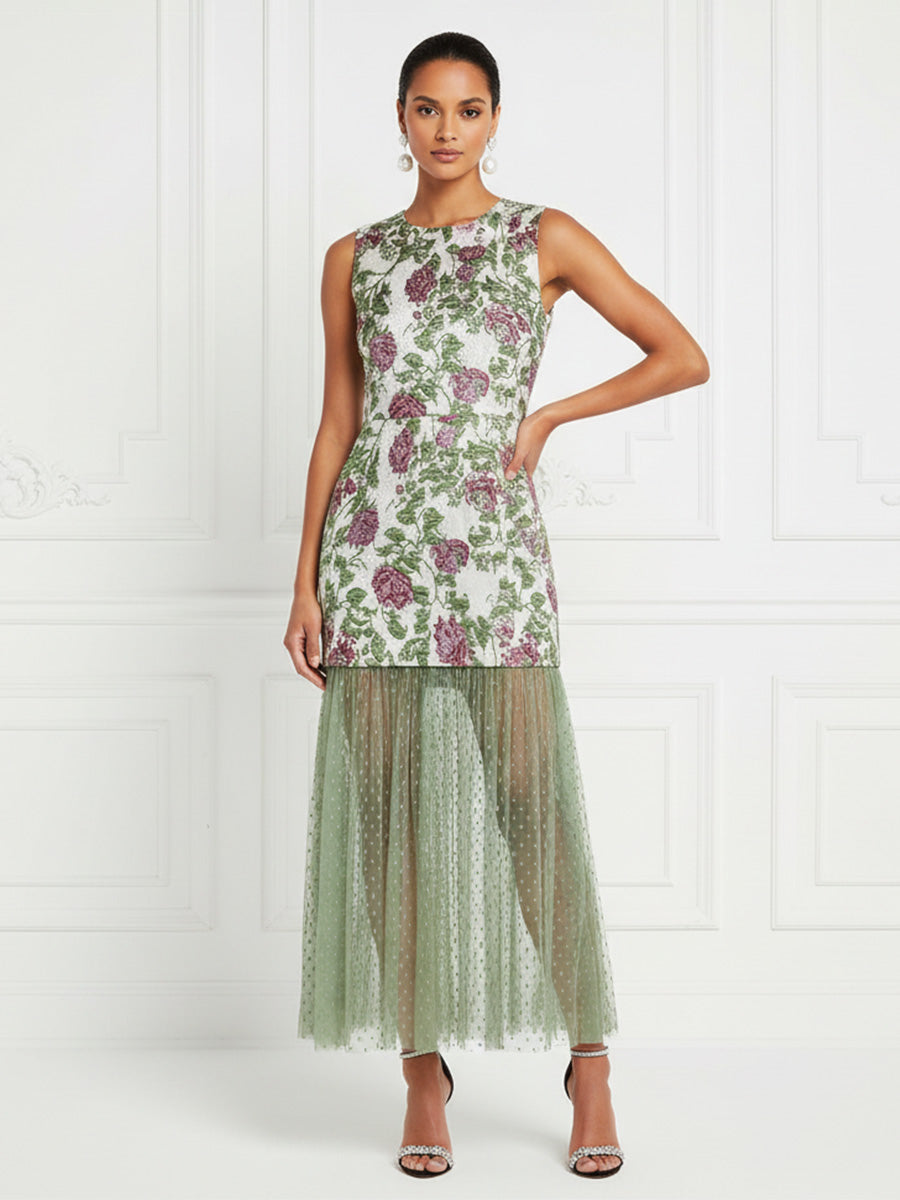 Floral Print A-Line/Princess Scoop Neck Floor-Length Cocktail Dresses with Tulle