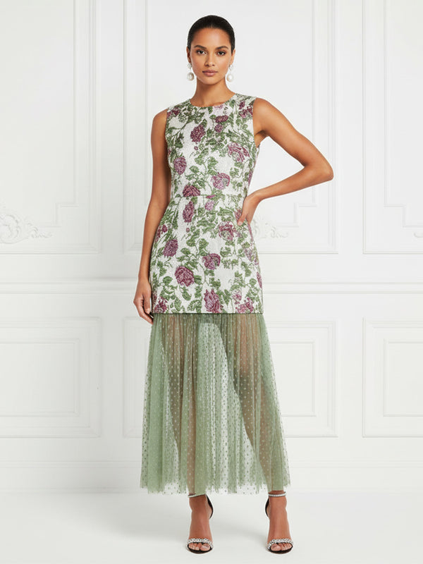 Floral Print A-Line/Princess Scoop Neck Floor-Length Cocktail Dresses with Tulle