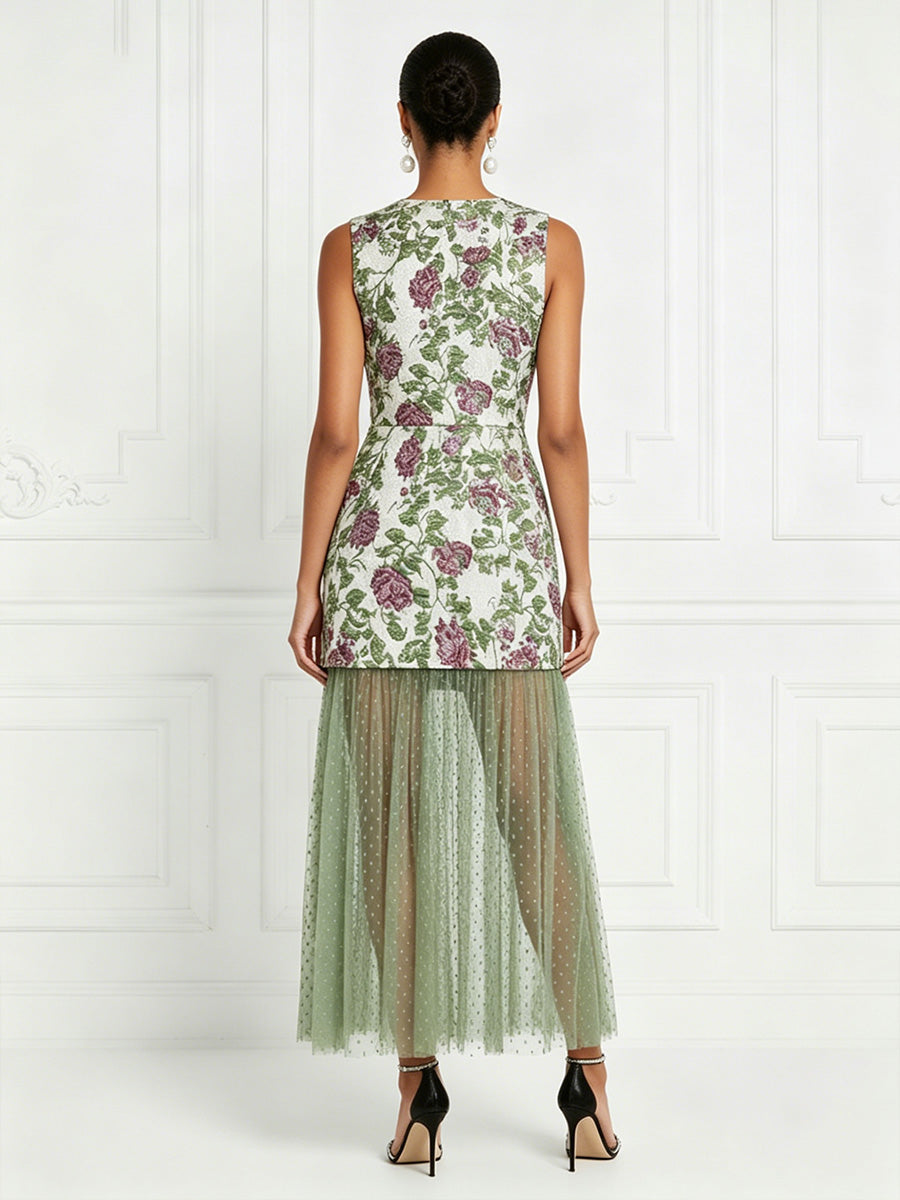 Floral Print A-Line/Princess Scoop Neck Floor-Length Cocktail Dresses with Tulle