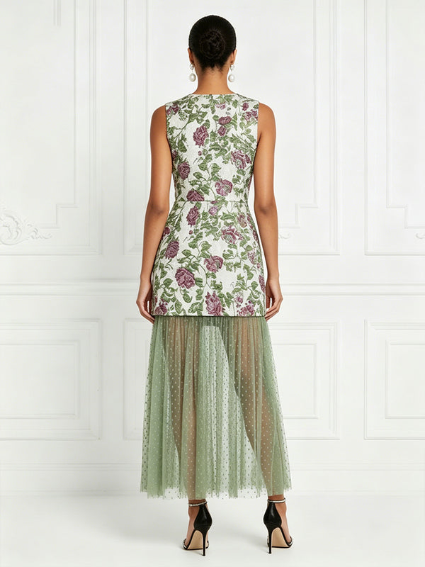 Floral Print A-Line/Princess Scoop Neck Floor-Length Cocktail Dresses with Tulle