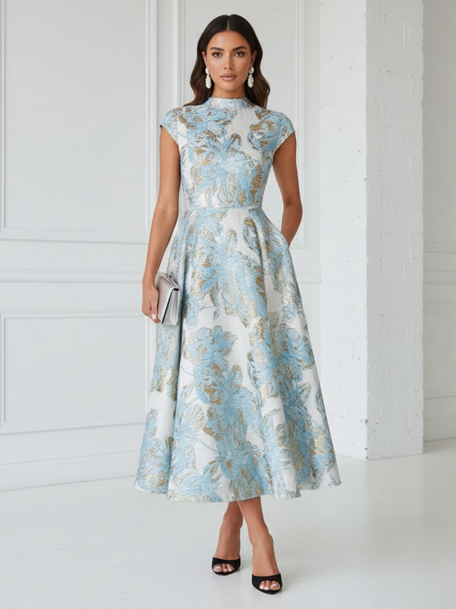 Floral Print A-Line/Princess Scoop Neck Tea-Length Cocktail Dresses with Pockets