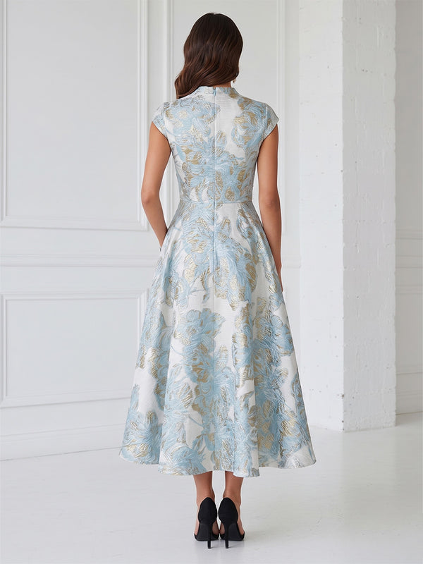 Floral Print A-Line/Princess Scoop Neck Tea-Length Cocktail Dresses with Pockets