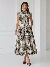 Floral Print A-Line/Princess Scoop Neck Tea-Length Cocktail Dresses with Pockets
