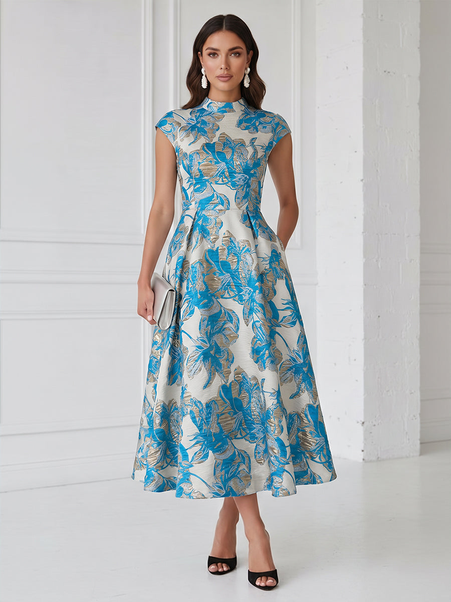Floral Print A-Line/Princess Scoop Neck Tea-Length Cocktail Dresses with Pockets