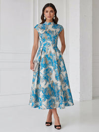Floral Print A-Line/Princess Scoop Neck Tea-Length Cocktail Dresses with Pockets