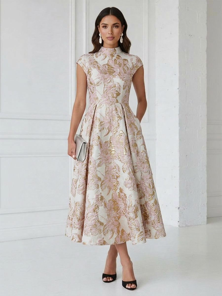 Floral Print A-Line/Princess Scoop Neck Tea-Length Cocktail Dresses with Pockets