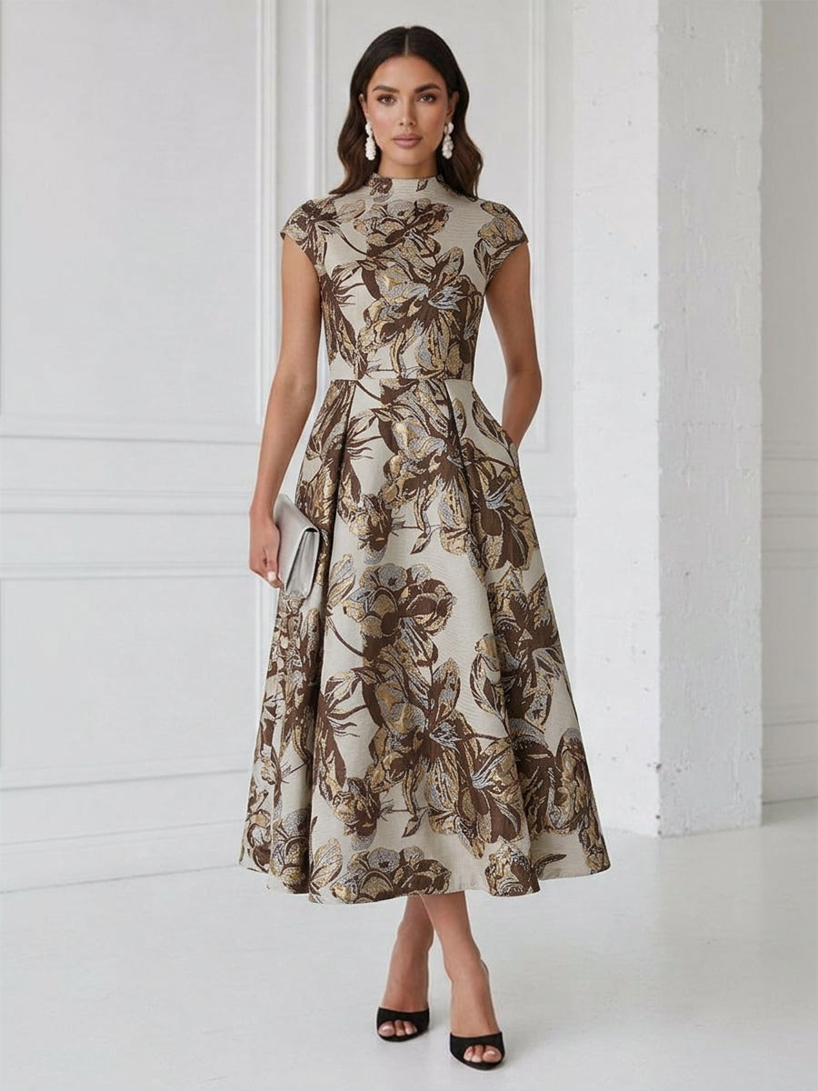 Floral Print A-Line/Princess Scoop Neck Tea-Length Cocktail Dresses with Pockets