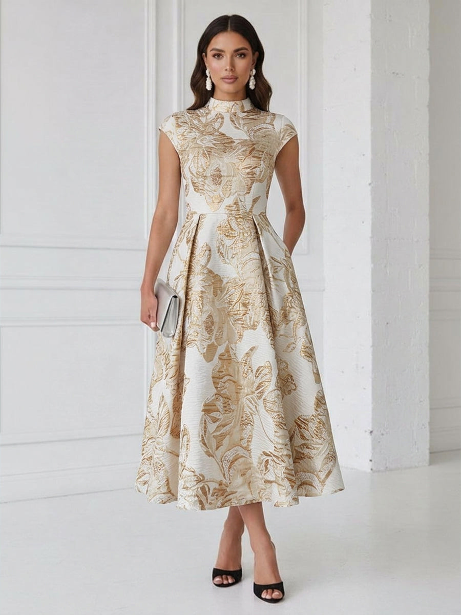 Floral Print A-Line/Princess Scoop Neck Tea-Length Cocktail Dresses with Pockets