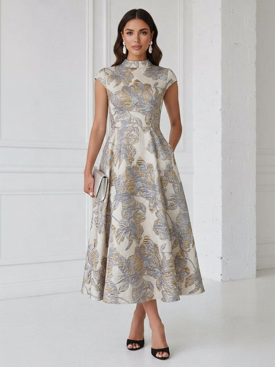 Floral Print A-Line/Princess Scoop Neck Tea-Length Cocktail Dresses with Pockets