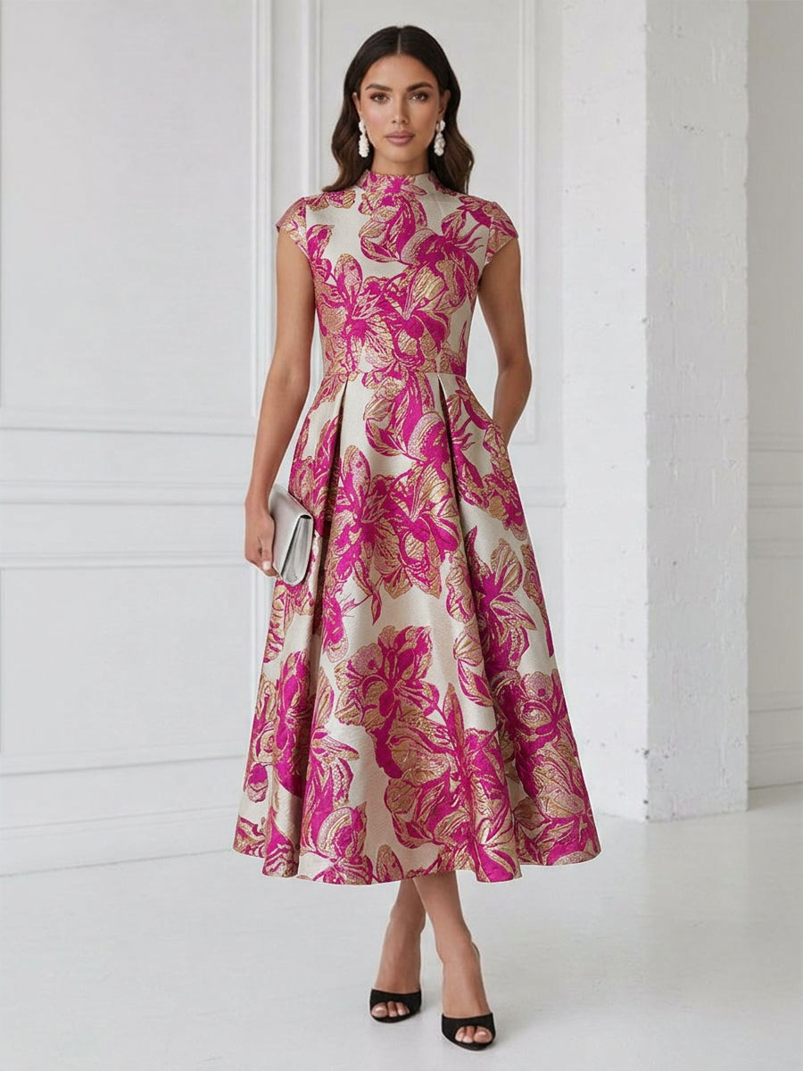 Floral Print A-Line/Princess Scoop Neck Tea-Length Cocktail Dresses with Pockets