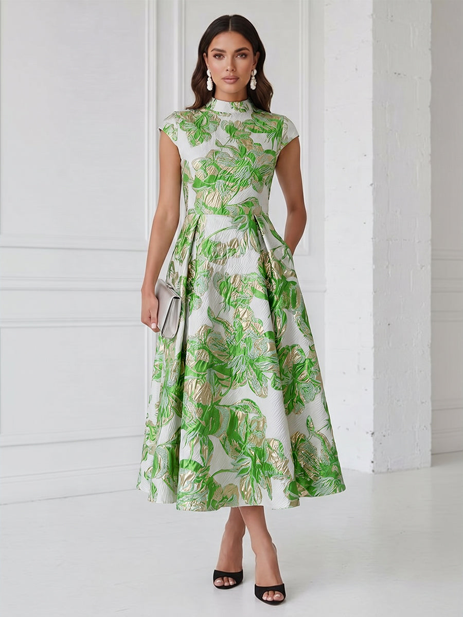Floral Print A-Line/Princess Scoop Neck Tea-Length Cocktail Dresses with Pockets