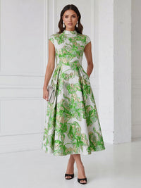 Floral Print A-Line/Princess Scoop Neck Tea-Length Cocktail Dresses with Pockets