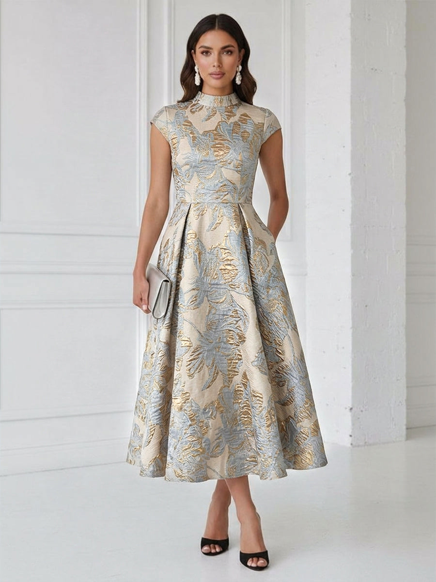 Floral Print A-Line/Princess Scoop Neck Tea-Length Cocktail Dresses with Pockets