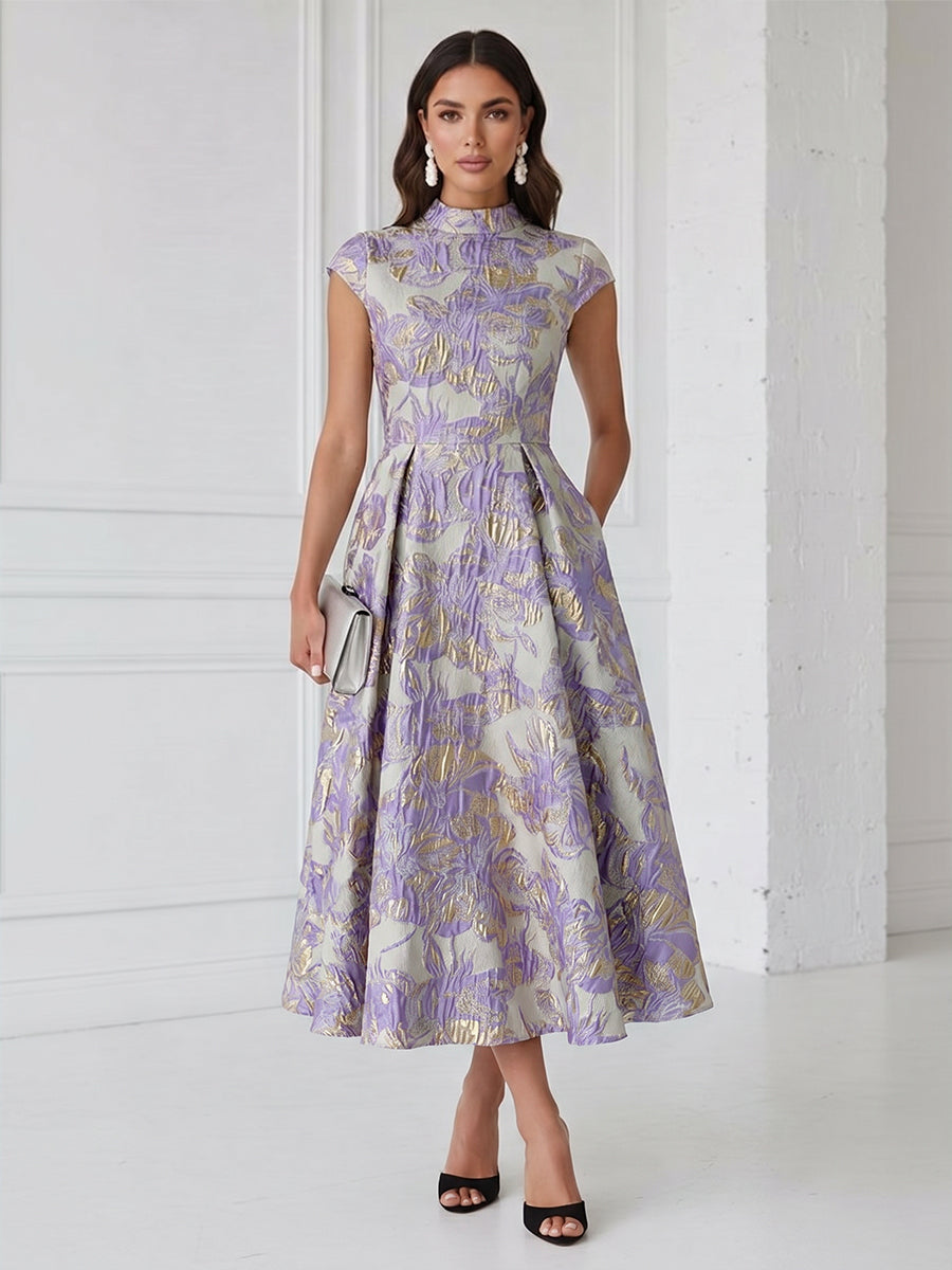 Floral Print A-Line/Princess Scoop Neck Tea-Length Cocktail Dresses with Pockets