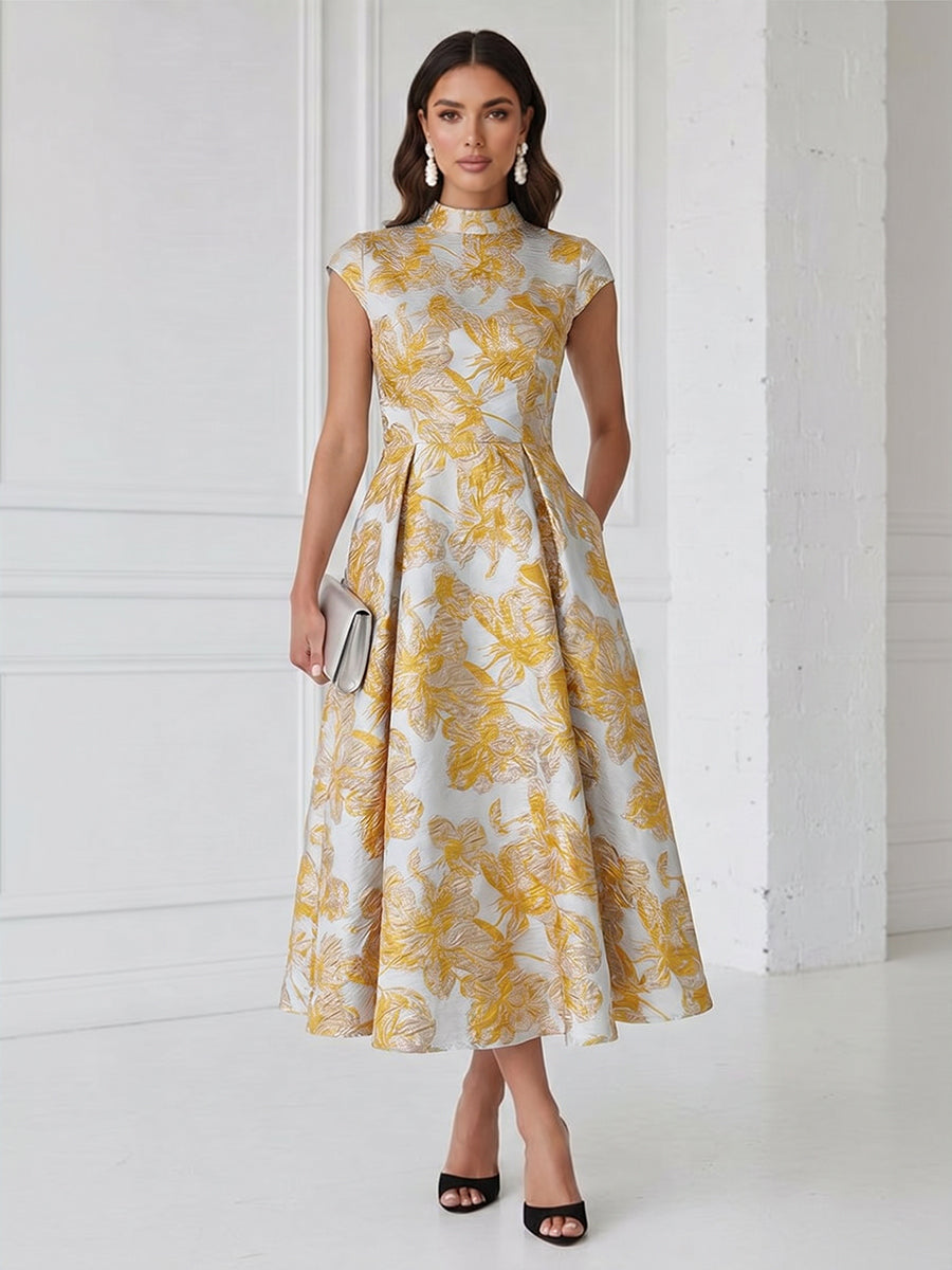 Floral Print A-Line/Princess Scoop Neck Tea-Length Cocktail Dresses with Pockets