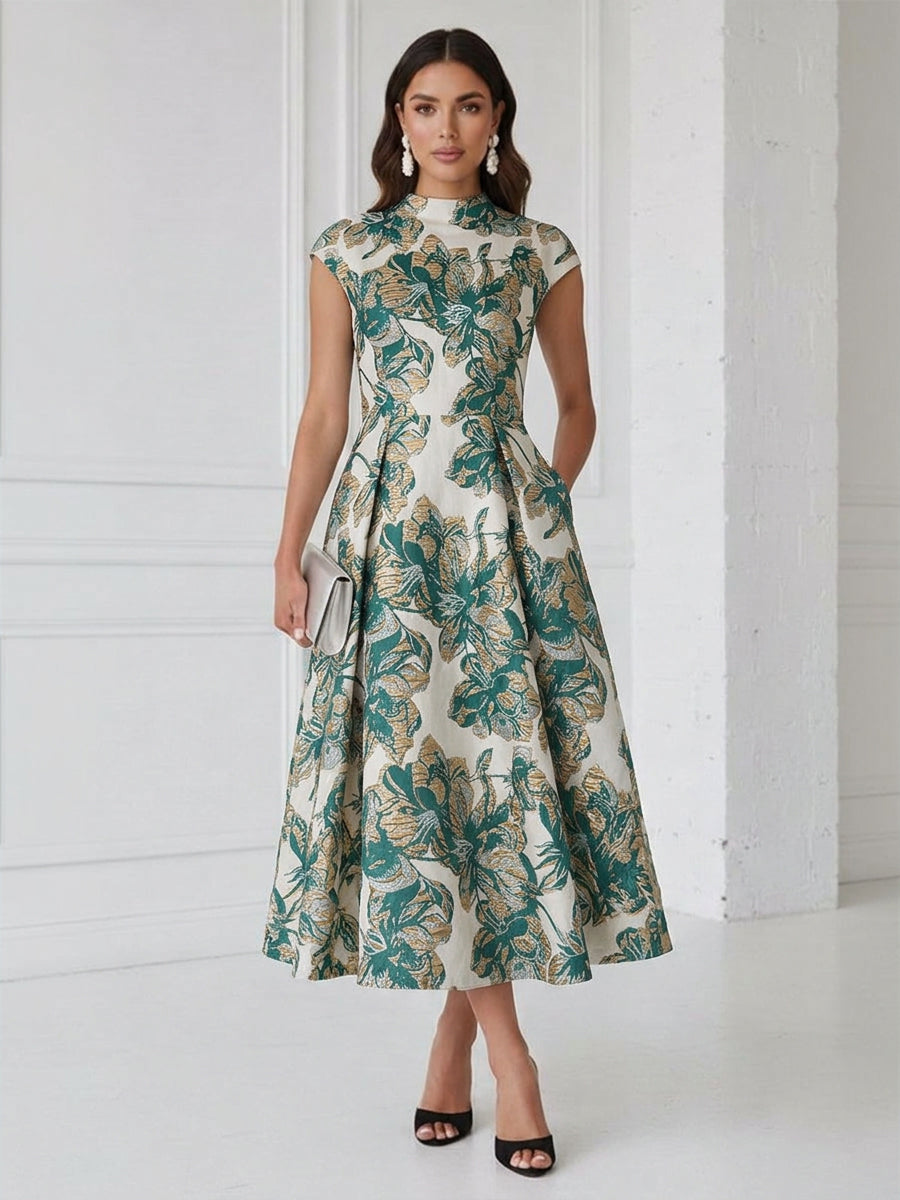 Floral Print A-Line/Princess Scoop Neck Tea-Length Cocktail Dresses with Pockets