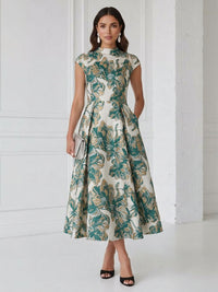 Floral Print A-Line/Princess Scoop Neck Tea-Length Cocktail Dresses with Pockets