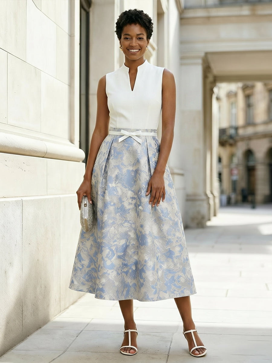 Floral Print A-Line/Princess V-Neck Tea-Length Cocktail Dresses with Ruched Waist