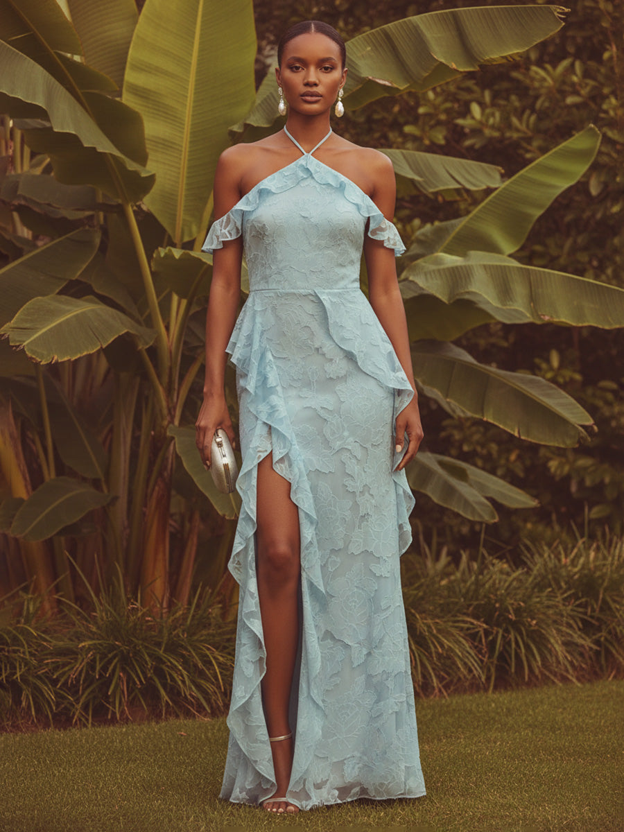 Chiffon Sheath/Column Halter Floor-Length Formal Dresses with Ruffles & Slit