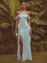 Chiffon Sheath/Column Halter Floor-Length Formal Dresses with Ruffles & Slit