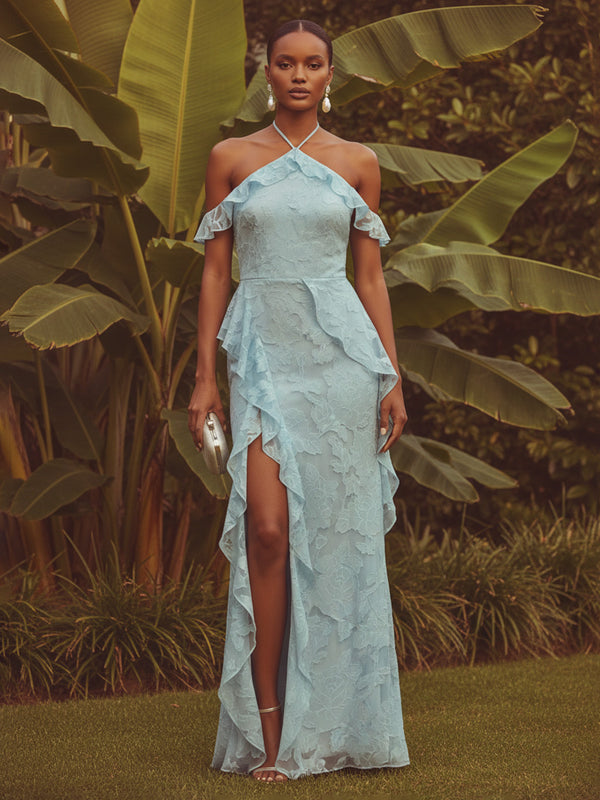 Chiffon Sheath/Column Halter Floor-Length Formal Dresses with Ruffles & Slit
