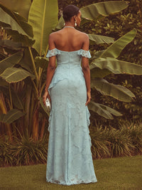 Chiffon Sheath/Column Halter Floor-Length Formal Dresses with Ruffles & Slit