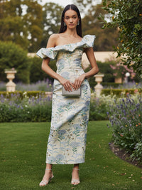 Floral Print Sheath/Column Off Shoulder Tea-Length Cocktail Dresses with Back Split