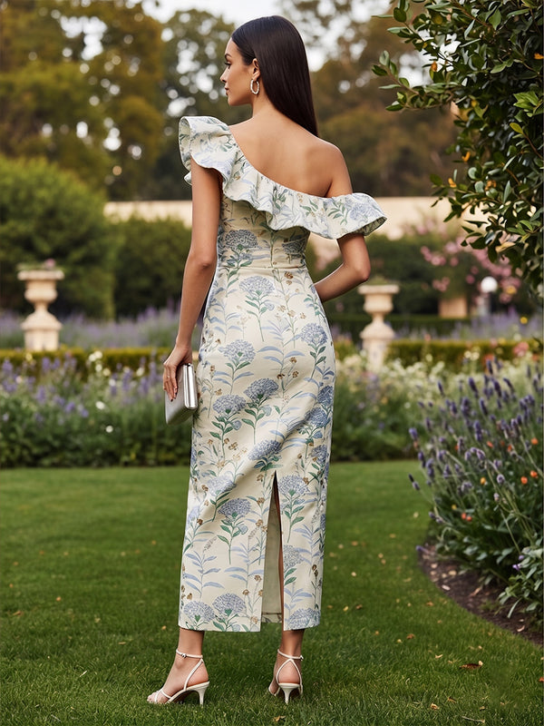 Floral Print Sheath/Column Off Shoulder Tea-Length Cocktail Dresses with Back Split