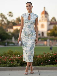 Floral Print Sheath/Column Scoop Neck Tea-Length Cocktail Dresses with Back Split