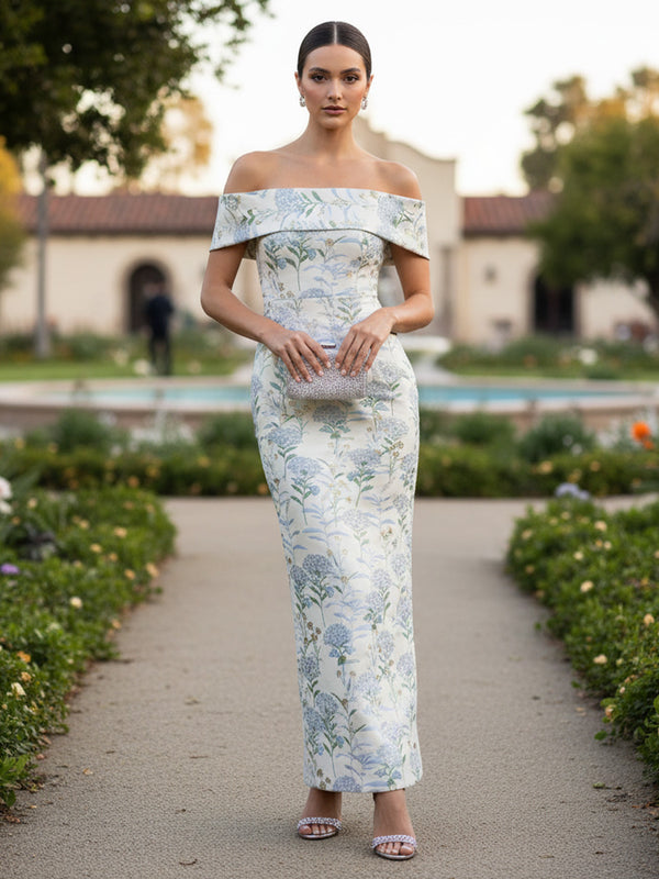Floral Print Sheath/Column Off Shoulder Floor-Length Cocktail Dresses with Back Split