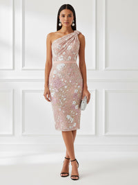 Lace Sheath/Column One Shoulder Midi-Length Cocktail Dresses with Floral Bodice