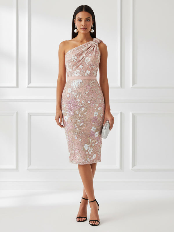 Lace Sheath/Column One Shoulder Midi-Length Cocktail Dresses with Floral Bodice