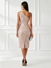 Lace Sheath/Column One Shoulder Midi-Length Cocktail Dresses with Floral Bodice