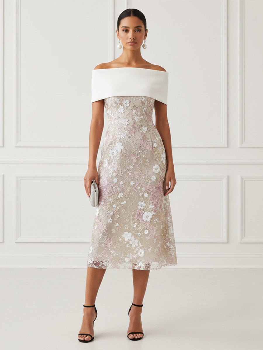 Lace Sheath/Column Off Shoulder Tea-Length Cocktail Dresses with Floral Bodice
