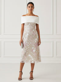 Lace Sheath/Column Off Shoulder Tea-Length Cocktail Dresses with Floral Bodice