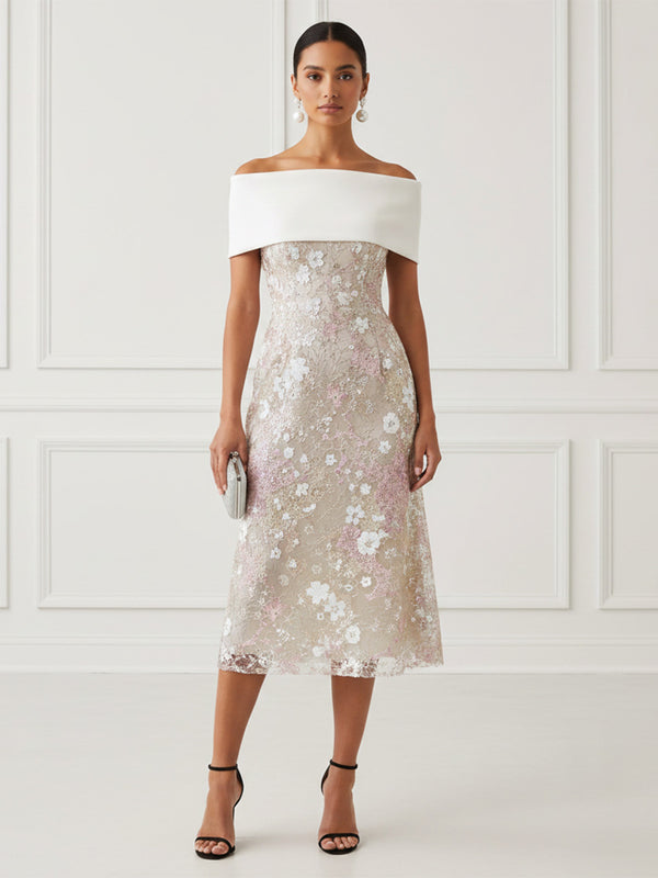 Lace Sheath/Column Off Shoulder Tea-Length Cocktail Dresses with Floral Bodice
