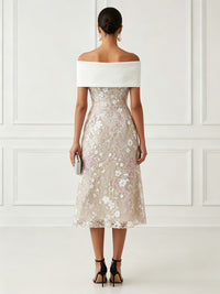 Lace Sheath/Column Off Shoulder Tea-Length Cocktail Dresses with Floral Bodice