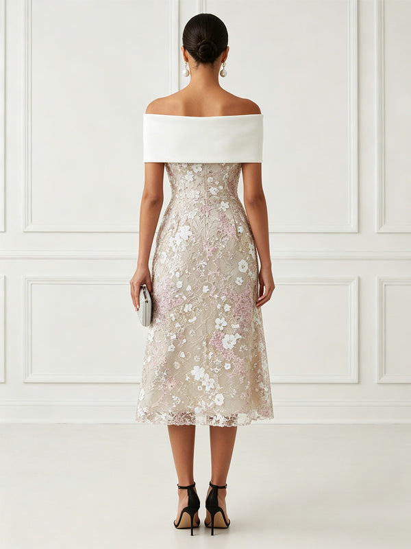 Lace Sheath/Column Off Shoulder Tea-Length Cocktail Dresses with Floral Bodice