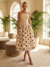 Satin A-Line/Princess Strapless Tea-Length Cocktail Dresses with Polka Dot Print