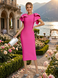 Satin Sheath/Column Scoop Neck Tea-Length Cocktail Dresses with Pearls
