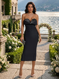 Stretch Mesh Sheath/Column Strapless Tea-Length Cocktail Dresses with Sequin
